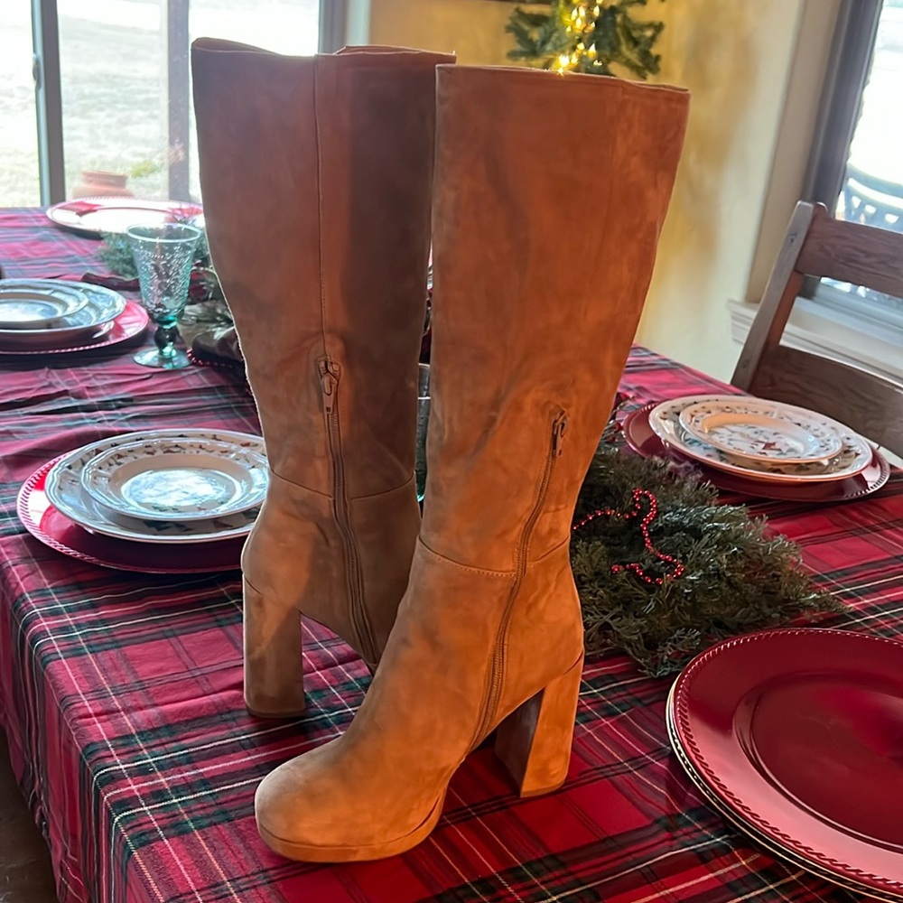 Tan suede platform boots. Knee high